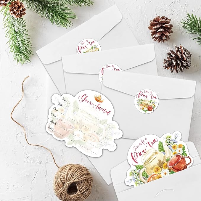 REWIDPARTY 20 Pack Floral Tea Party Invitation Cards with Envelopes & Stickers, Watercolor Floral Shaped Fill-in Invitations Let's Par-Tea Invites Cards Tea Birthday Party Supplies for Kids Adults