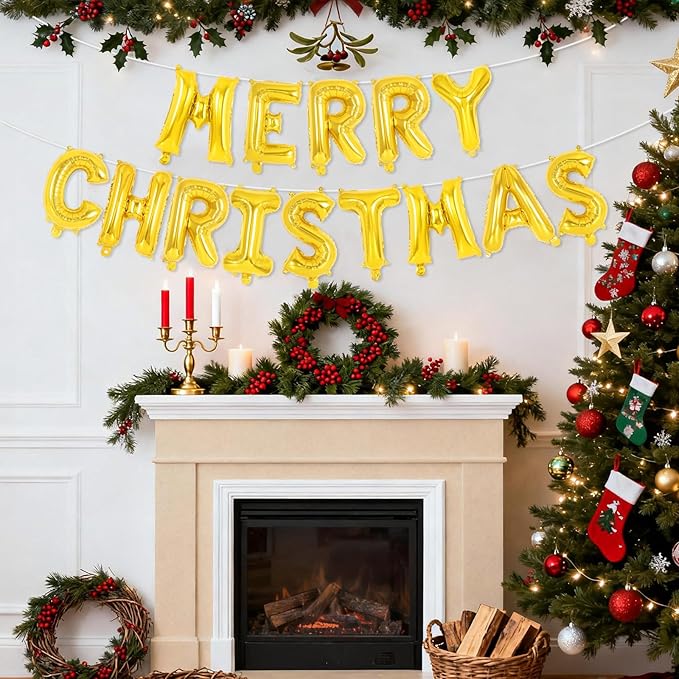 Gold Merry Christmas Letter Balloons Banner, Merry Christmas Foil Xmas Balloon for Xmas Party Decorations (Gold)