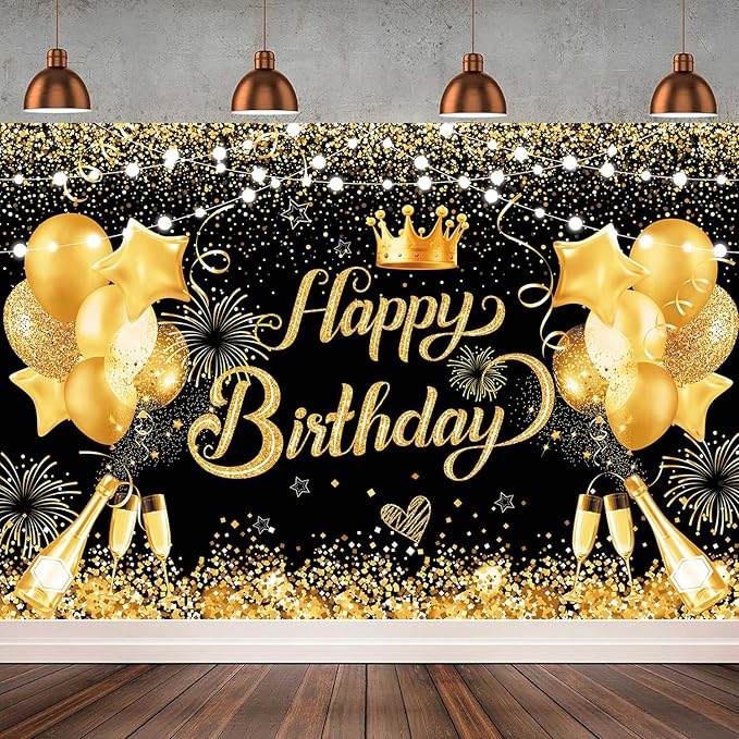 YinQin 180x120 cm Glitter Black Golden Happy Birthday Backdrops Photography Backgrounds Cloth 71x47 inch Bday Party Decorations Black Gold Happy Birthday Sign Banners for Men Women