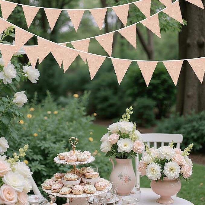 46Ft Nude Party Decorations Beige Burlap Banner Nude Triangle Pennant Flag Linen Garland Streamers for Vintage Boho Birthday Rustic Baby Shower Wedding Graduation Camping Party Decorations