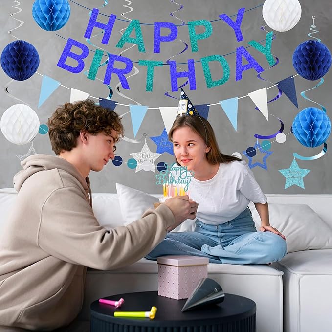 Birthday Decorations Pre-Strung Happy Birthday Banner for Boys Girls Blue Birthday Banners with Pennant Honeycomb Balls Cake Topper Stars Hanging Swirl Streamers Circle Dots Garland