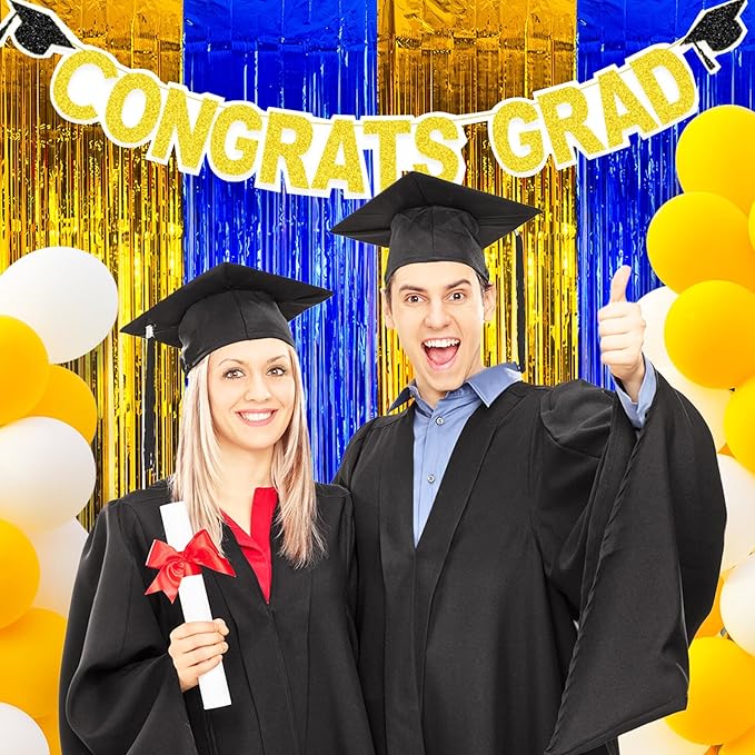 MYUPDALIN 2 Pack Blue and Gold Graduation Decorations 2025 -Tinsel Foil Fringe Curtains Backdrop - High School College University Graduation Party Photo Booth Props Backdrop