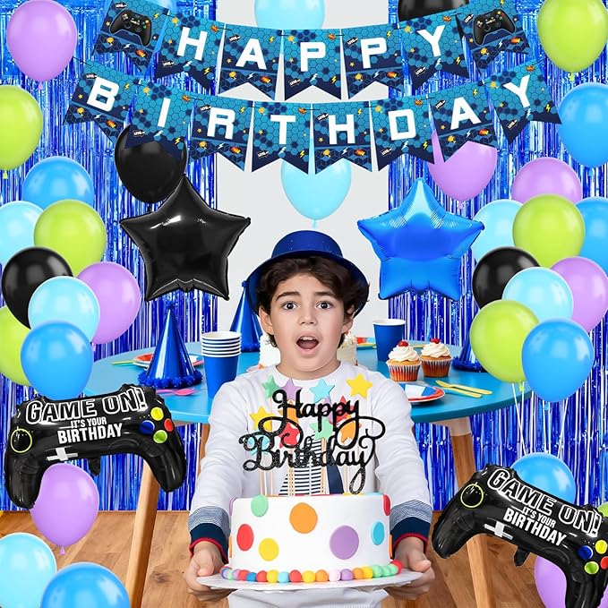 Video Game Birthday Party Decorations for Boys, Black Blue Purple Green Balloons Happy Birthday Banner Cake Topper Game Foil Balloon Blue Fringe Curtain for Kids Boys Men Birthday Party Decor