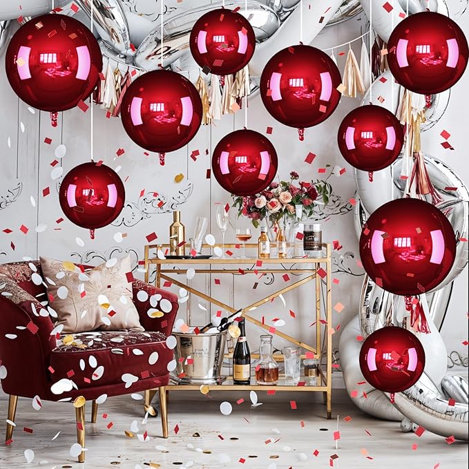 14 Pcs Burgundy Round Foil Balloons 22/15/10 Maroon 4D Ball Balloons Metallic Dark Red Balloon Ornament Mylar Balloon for Valentine's Day Birthday Grad Wedding Anniversary New Year Party Decor