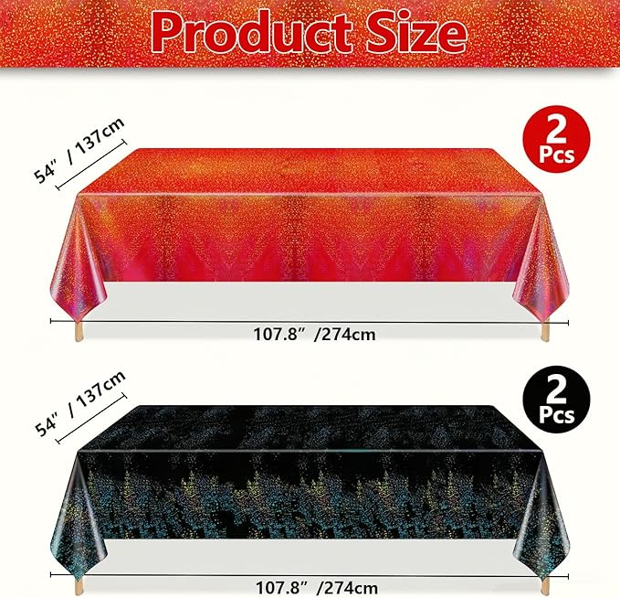 4Pcs Red and Black Holographic Tablecloths Rectangular Black Iridescent Tablecloth Shimmer Metallic Red Table Covers for Halloween Retirement Family Gatherings Christmas Party Supplies, 54 x 108Inch