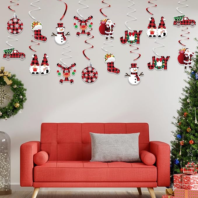 Christmas Hanging Swirls Decorations - NO DIY - Buffalo Plaid Merry Christmas Banner Christmas Ceiling Hanging Streamers, Xmas Hanging Decorations Indoor for Office Christmas Holiday Party Decorations