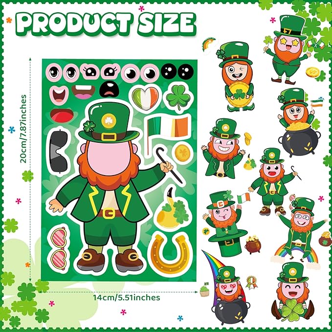 27 Sheets St Patricks Day Stickers for Kids - Leprechaun Make a Face & Shamrock & Four Leaf Clover Stickers for Irish Green Saint Patrick's Day, DIY Classroom Gifts Crafts Games Party Favors Supplies