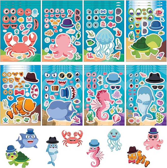 24 Sheets Sea Animals Make a Face Sticker Sheets for Kids Todders Activities, Make Your Own Stickers for Kids Birthday Party Favor Supplies Craft