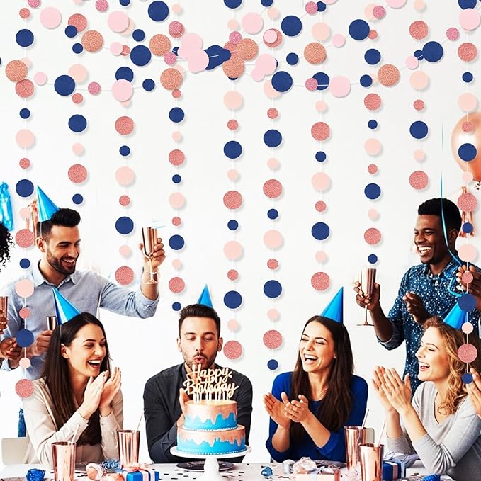 Outus 10 Pieces Blue,Pink,Rose Gold Round Dots Garland Easter Graduation Party Hanging Decor Each Length 13.1ft Glitter Paper Dot Streamers for Birthday Wedding Classroom
