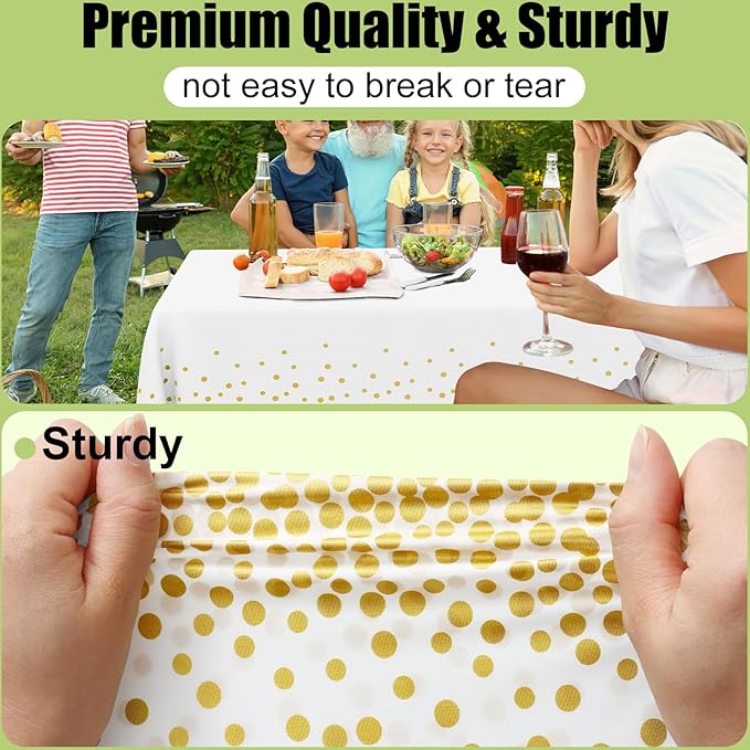 Smiry Disposable Table Cloth - 10 Pack, 54 x 108 Inch Waterproof Rectangle Tablecloths for New Years, Decorative Plastic Table Cover, Leakproof & Sturdy, White & Gold