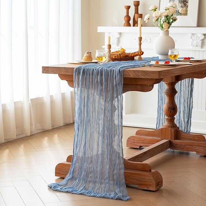 FEXIA 6 Pack Dusty Blue Table Runner 35x120 Inches Gauze Table Runner for Bridal Shower Wedding Party First Communion Centerpiece Engagement Boho Table Decoration (Dusty Blue)