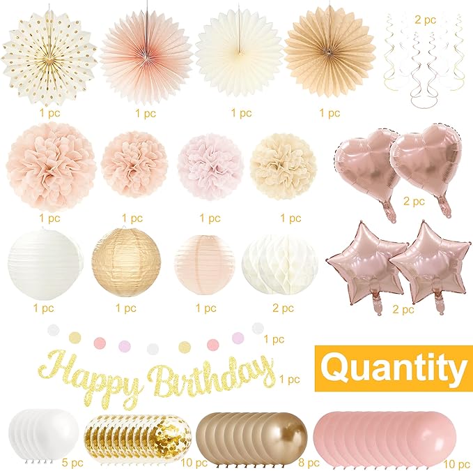 Birthday Decorations for Women, Boho Champagne-Beige 42pcs Balloon Garland with Hearts & Stars, Happy Birthday Banner, Peach Paper Lanterns & Tissue Pom Poms– decoración de cumpleaños para mujer