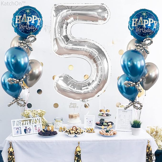 KatchOn Silver 5 Balloon Number - 40 Inch | 5th Birthday Decorations, Silver Party Decorations | 5 Mylar Balloon