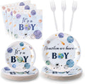 Houston We Have A Boy Outer Space It's a Boy Baby Shower Astronaut Planet Galaxy Plates Supplies - Serves 24-96Pcs Party Tableware Decoration Disposable Paper Plates Napkin Fork for Birthday