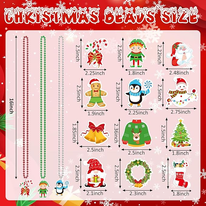 NOVWANG 24 Pcs Christmas Beads, 12 Styles Christmas Metallic Beaded Necklaces Multi Colors Necklaces for Christmas Parade Decorations Christmas Party Favors