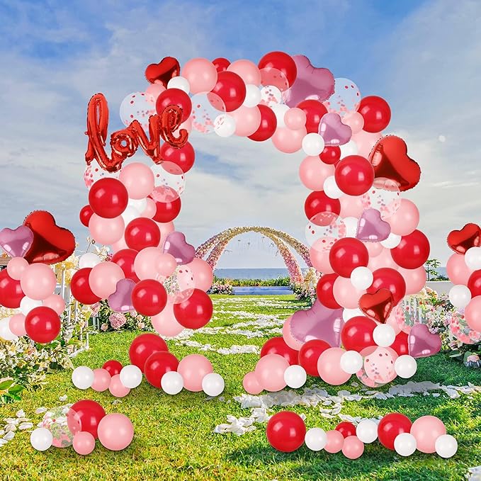 DR.DUDU 263 Pcs Valentines Day Balloon Arch Kit Decorations, Pink/White/Red Balloons Garland Decor with LOVE Heart Balloon Rose Petals for Mother's Day Party Birthday Wedding Proposal Anniversary