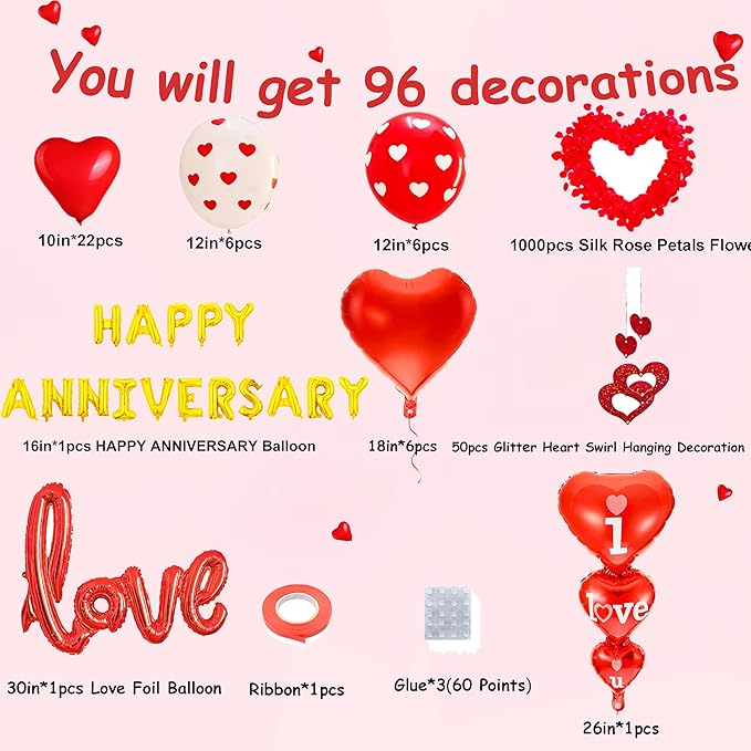 Happy Anniversary Decorations, Red Heart Balloons, Happy Anniversary Banner, Heart Hanging String, Rose Petals, Romantic Decor for Wedding, Valentines Day