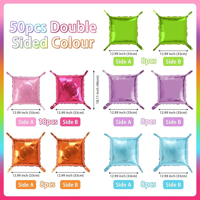 HOMEZZO Fiesta Theme Balloon Wall Backdrop - 50 PCS Rainbow Square Double Sided Square Foil Balloons for Mexican Fiesta, Cinco de Mayo, Birthday, Taco Party Decorations