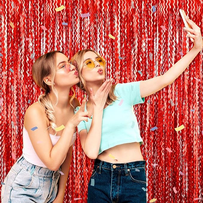 4 Pack Red Wave Foil Fringe Curtain Backdrop, 3.28Ft x 8.2Ft Metallic Tinsel Foil Fringe Streamer Curtains for Photo Booth, Mother's Day, Easter, Birthday, Wedding Party Decoration