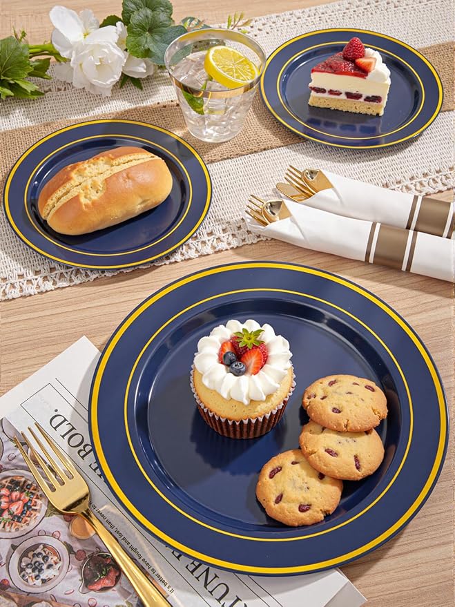 175PCS Blue and Gold Plastic Plates - Navy Blue Plates with Pre Rolled Napkins for Party - 25Guest Disposable Dinnerware Sets for Party/Birthday/Wedding/Passover/Easter