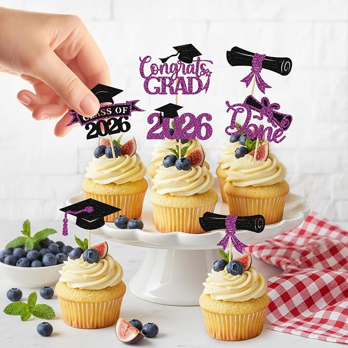 2026 Graduation Cupcake Toppers, 36 pack Purple Glitter Class of 2026 Congrats Grad Diploma Grad Cap Cupcake Picks for 2026 Graduation Party decorating Supplies