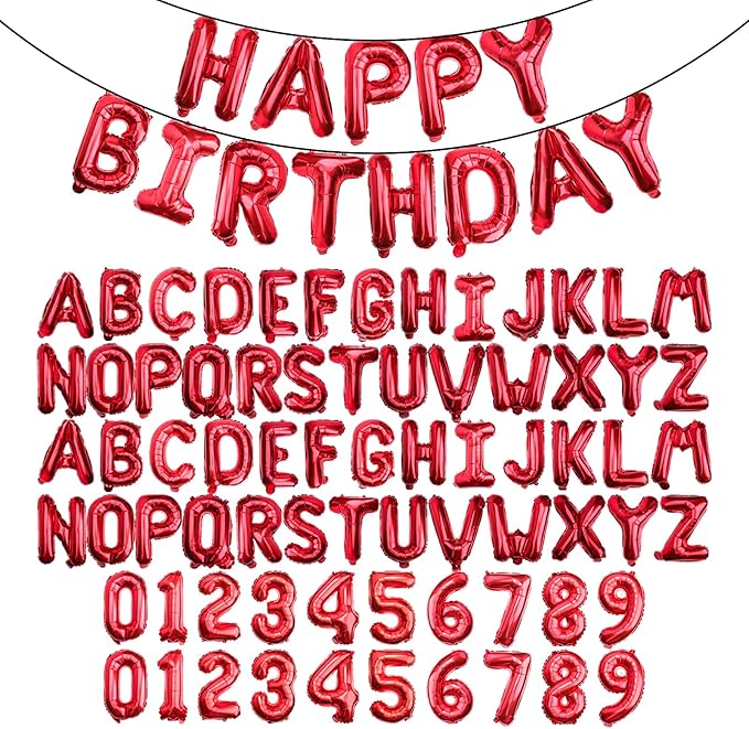 [85 PCS] 16" Red Letter Number Balloons, Happy Birthday & 2 Sets of A-Z 0-9, Foil Mylar Aluminum Hanging Alphabet for Valentine's Day Anniversary Graduation New Year eve Birthday Party Decorations