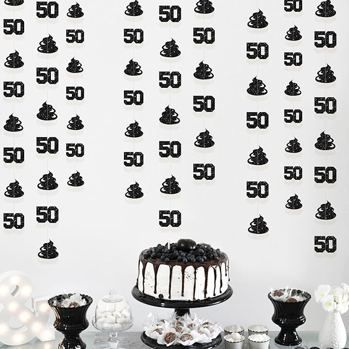 Black 50th Birthday Decorations Glitter Number 50 Birthday Garland Hanging Streamer Banner Backdrop for Women Mens Cheers to 50 Years Happy 50th Anniversary Funny 50th Bday Fiftylicious Party Decor