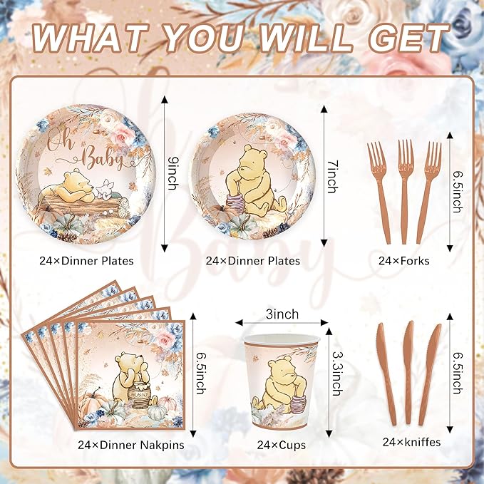 120PCS Fall Vintage Winnie Bear Party for Babyshower Supplies Classic Bohemia Bear Party Autumn Pumpkin Decorations Boho Neutral Winnie 1st Birthday Plates Napkin Cups Tableware Set for 20 Guests