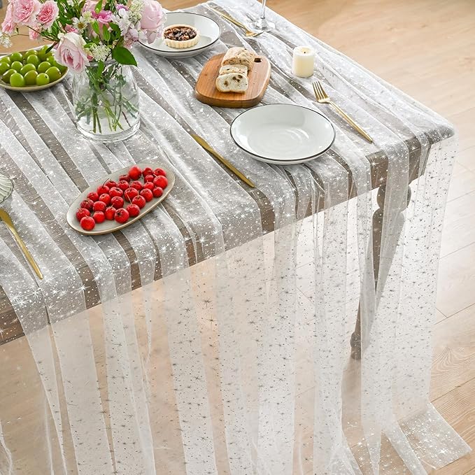 Horaldaily White Silver Sparkling Star Gauze Tablecloth 60x120 Inch Rectangular, Silver Star Sequin Glitter Metallic Foil, Sheer Tulle Cheesecloth for Wedding Baby Shower Party