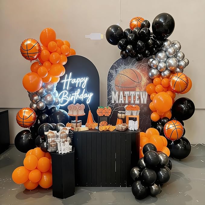 Basketball Balloon Arch Kit, 111pcs Orange and Black Silver Balloons Garland Kit with Explosion Star Balloons, Sports Balloon Kit for Boys Birthday Baby Shower Sports Theme Decorations Supplies