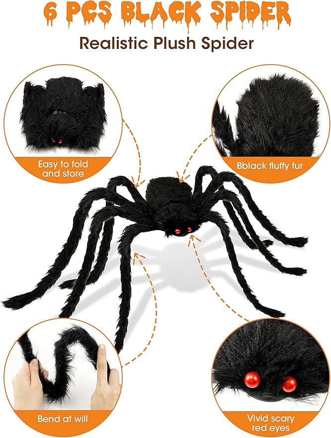 6 Packs Halloween Plush Spiders Set Scary Fake Spider for Indoor Outdoor Halloween Decor for Home Party Yard Haunted House Decorations (6 Different Sizes)