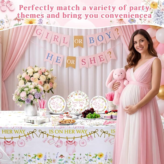 Pickmesh 194 Pcs It's a Girl Sweet Baby Shower Decorations for 24, Spring Pink Floral Baby Shower Paper Plates and Napkins Cups Tablecloth Cutlery for Gender Reveal Party Supplies