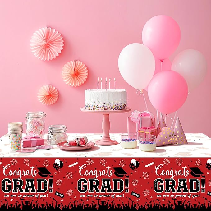 12 Pack Graduation Tablecloth Party Decorations, Class of 2026 Congrats Grad Plastic Tablecover Party Supplies, Red Rectangle Graduation Table Decorations for College High School Party, 54 x 108 Inch