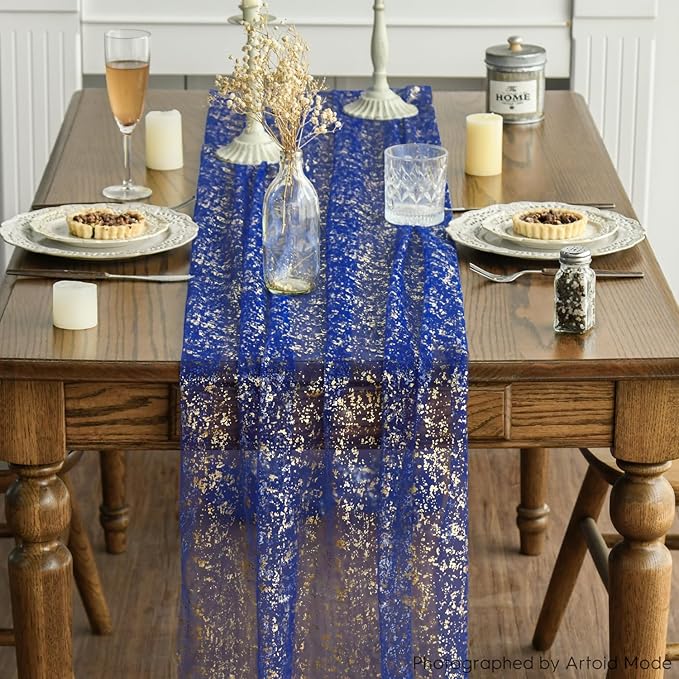 Artoid Mode Blue Gold Gauze Table Runner 59x120 Inch 10FT, Glitter Metallic Foil Sheer Dining Wedding Anniversary Holiday Table Decor for Home Party