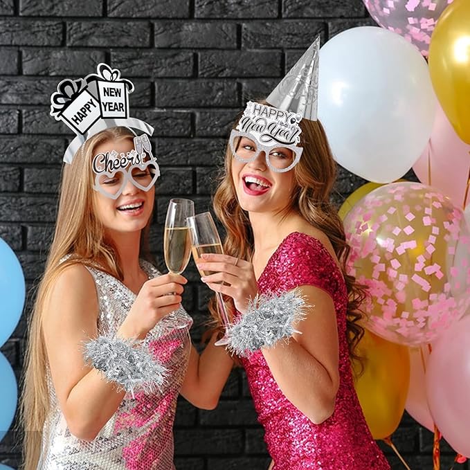2026 Glitter NYE Party Supplies Decorations, 42pcs New Years Eve party Supplies kits Silver New Year Hats, Happy New Year Headbands, Glasses, Noisemaker, wreath for happy new year