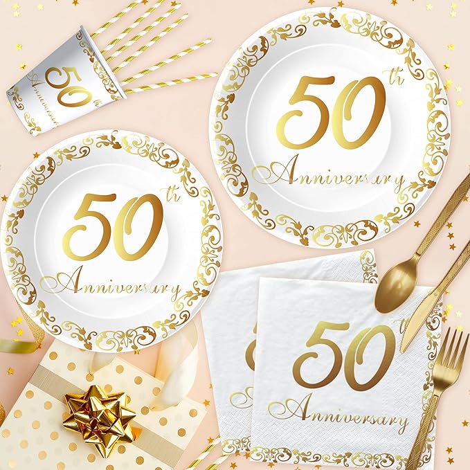 APOWBLS 50th Anniversary Decorations And Supplies Tableware - Golden 50 Year Wedding Anniversary Decorations, Party Plate, Cup, Napkin, Tablecloth, Cutlery, Paper Straw | Serve 24