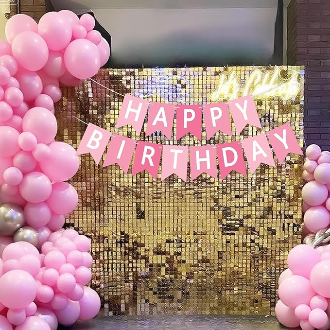 Happy Birthday Banner Sign, Birthday Garland Wall Door Hanging Banners Flag for Women Men Boys Girls Party Backdrop Decorations, Personalized Name Banner White Letters Pink and Light Pink