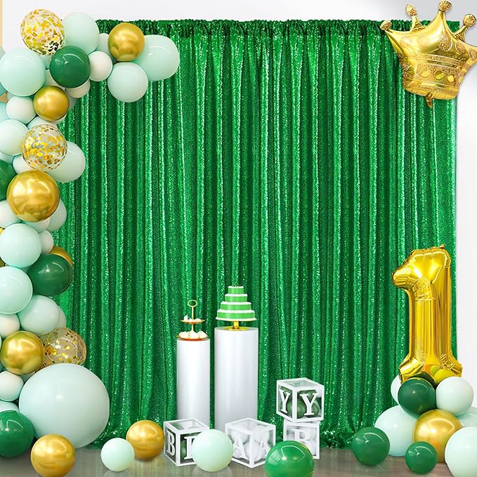 B-COOL Green Sequin Backdrop Curtain Sparkly Drapes 2 Panels 2ftx8ft for Shimmer Emerald Green Curtain Birthday Party Backdrop Decorations