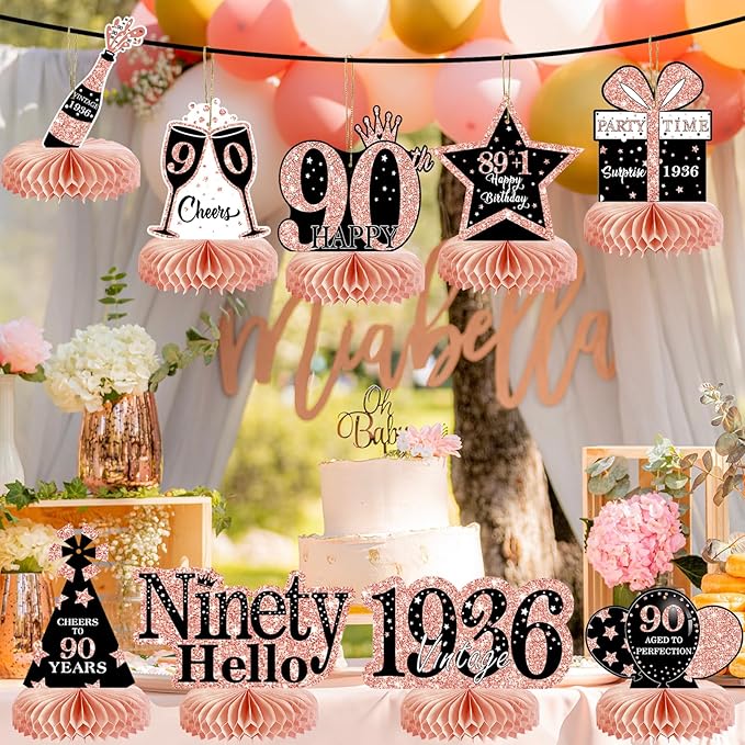 9Pcs 90th Birthday Decorations Honeycomb Centerpieces for Women, Rose Gold Pink Happy 90th Birthday Centerpieces Tables Toppers Party Decorations Supplies, Vintage 1936 Aged Table Decor