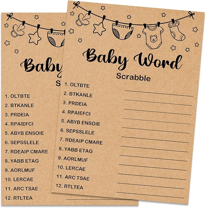 Baby Shower Game, Baby Word Scrabble Game Cards, Baby Shower Party Games Supplies & Activities, Party Activities Ideas Supplies, Baby Shower Ideas, 30 Game Cards Included, Kraft