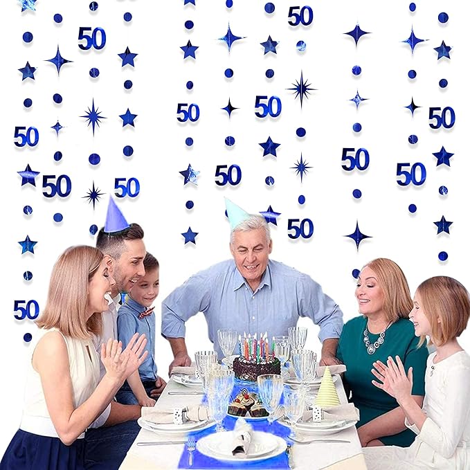 Navy Blue 50th Birthday Decorations Number 50 Circle Dot Twinkle Star Garland Metallic Hanging Streamer Bunting Banner Backdrop for 50 Year Old Birthday Happy 50th Anniversary Fiftieth Party Supplies