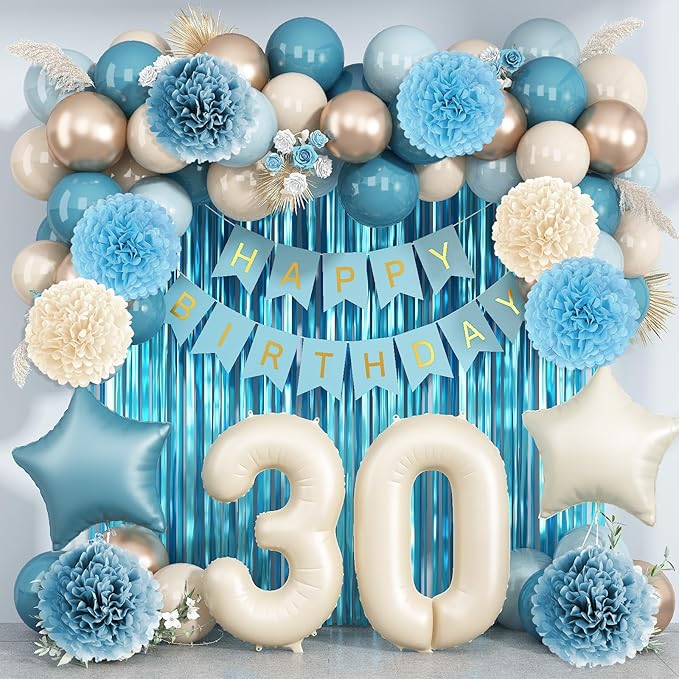 Dusty Blue 30th Birthday Party Decorations for Her Him Beige Cream Number 30 Balloon with Blue Gold Happy Birthday Banner Fringe Curtain Paper Pom Poms Nude White Sand Champagne Star Foil Balloons