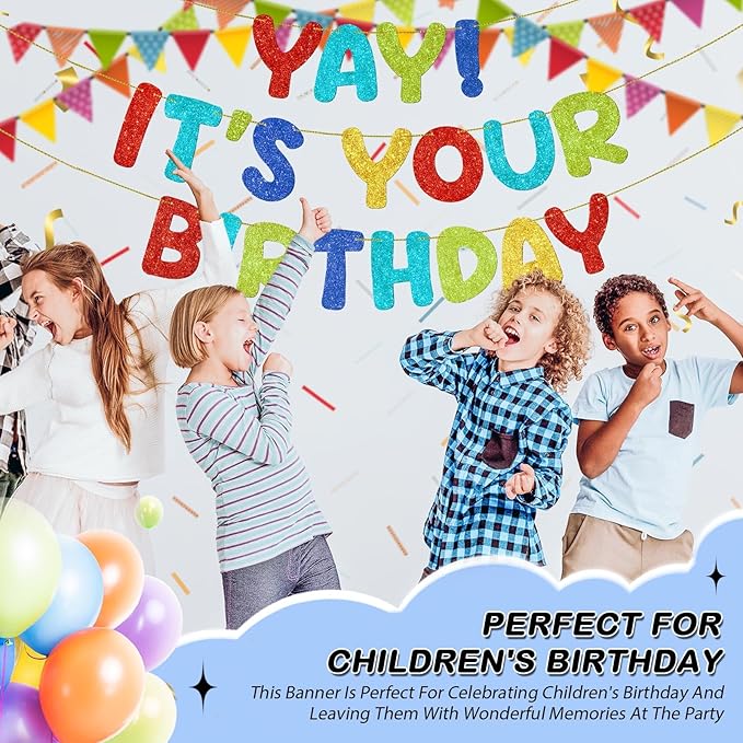 Fulmoon Pre Strung Yay It's Your Birthday Banner Glitter Happy Teen Boys Teen Girls Adult Banner Glitter Funny Birthday Party Decorations(Colorful)