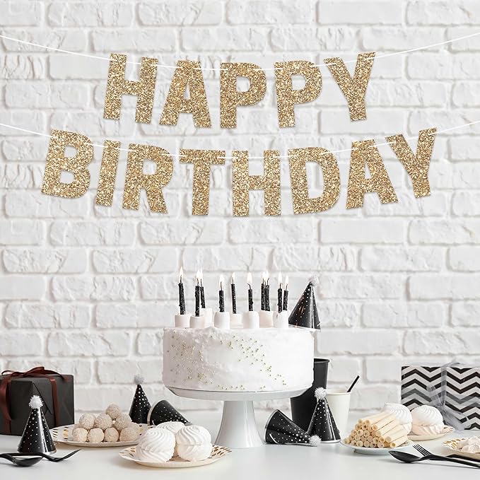 Pre-strung Happy Birthday Banner - No DIY - Gold Glitter Birthday Party Banner for Men & Women - Pre-strung Garland on 8 ft Strands - Gold Bday Party Decorations & Decor. Did We Mention No DIY