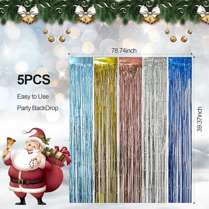 5 Pack Silver Foil Curtain Backdrop Metallic Tinsel Foil Fringe Curtains Photo Booth Props for Birthday Wedding Engagement Bachelorette Christmas Holiday Celebration Party Decorations Supplies