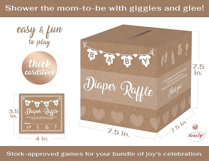 Party Hearty Baby Shower Games for Girl or Boy, 50 Diaper Raffle Tickets, Diaper Raffle Ticket Cards Box, Baby Shower Decorations, Raffle Prizes, Ideas
