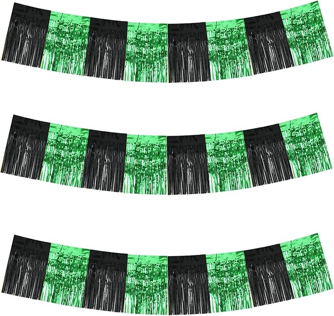 BEISHIDA 3 Packs Metallic Foil Fringe Garland Black Green Wall Hanging Tinsel Fringe Banners for Car Floats Bridal Shower Wedding Birthday Graduation Holiday Party Decoration(30 Feet)