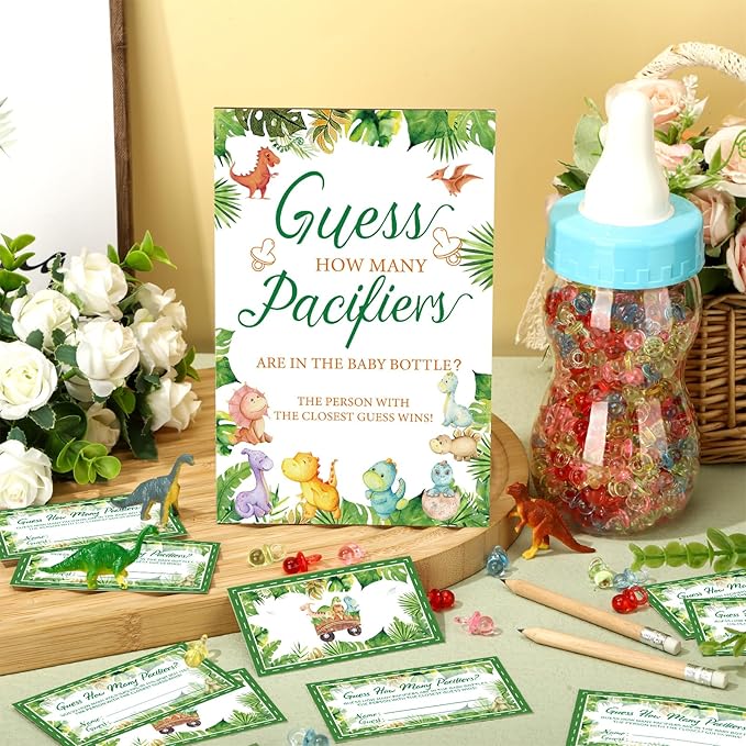 Syhood Dinosaur Baby Shower Game Guess How Many Pacifiers Games Sign 50 Small Guessing 20 HB Pencils 750 ml Milk Bottle 400 Acrylic Pacifiers Decorations Guests Gender Reveal Party Favors