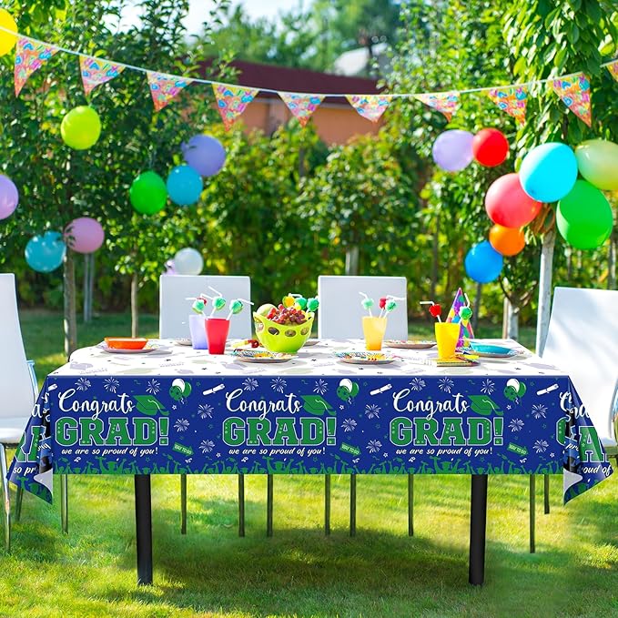 6 Pack Graduation Tablecloth Party Decorations, Class of 2026 Congrats Grad Plastic Tablecover Party Supplies, Blue and Green Rectangle Graduation Table Decor for College High School Party, 54x108Inch