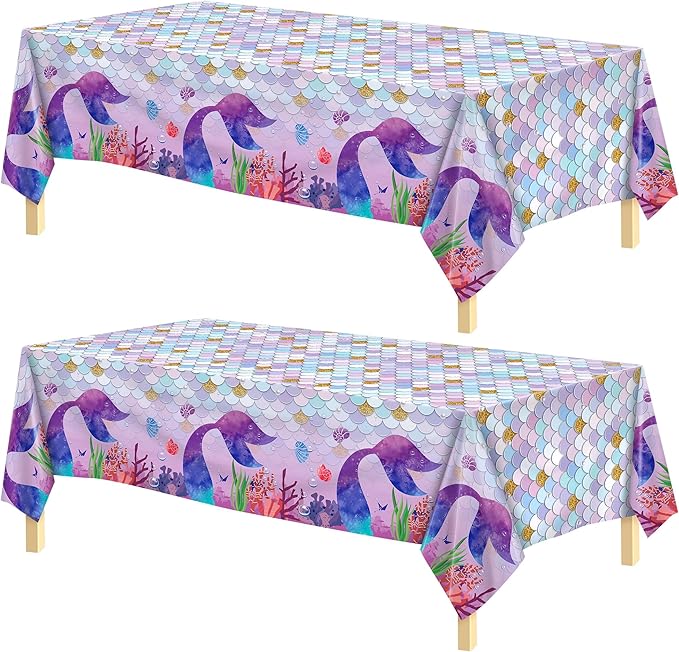 Kochorie 2 Pieces Mermaid Party Tablecloth Plastic Mermaid Party Supplies Disposable Rectangle Tablecloths for Under The Sea Ocean Themed Birthday Parties Decorations Supplies